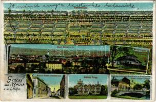1915 Lajtabruck, Bruck an der Leitha; Barackenlager, Stadt, Hauptwache im Lager, Kaiser-Franz-Josefstrasse, Schloss Prugg, Brücke zwischen Bruck a. L. u. Királyhida (Bruckneudrof), Oest.-ungar. Grenze / Osztrák-magyar katonai tábor és laktanyák, Főőrség, híd Lajtabruck és Királyhida között (osztrák-magyar határ), Prugg kastély, Ferenc József utca. O. Deyssig kiadása / K.u.K. military barracks and camp, main guard, bridge between Bruck an der Leitha and Bruckneudorf, on the Austrian-Hungarian border. Art Nouveau (apró szakadás / tiny tear)
