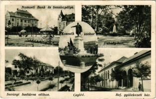 1934 Cegléd, Nemzeti Bank, teniszpálya, Gubody kert, Református gyülekezeti ház, Surányi hadiárva otthon, Kossuth szobor (fl)