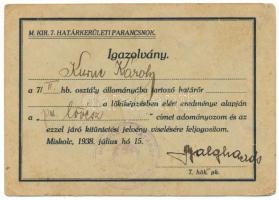 1938. Névre szóló, kitöltött viselői igazolvány a Puskás lövész kitüntetési jelvényhez, részben kiolvasható "M. Kir. Miskolci Határ" pecséttel T:VF hajtatlan, sarokhajlások Hungary 1938. Bearer's ID for the Rifleman's Badge with partially readable "M. Kir. Miskolci Határ" stamp T:VF unfolded, corner folds