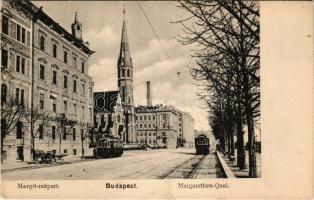 Budapest II. Margit rakpart, villamosok, lovaskocsi, Fischer Károly üzlete, Szilágyi Dezső téri református templom (EK)