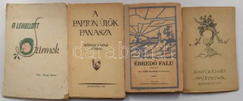 Vegyes könyvtétel, 4 db:   Kőszegi László: Kőszegi László versei. Bp., 1917., Szerzői,(May János-ny.), 70+1 p. Kiadói illusztrált papírkötés.;   Kiss Sándor (Nagyacsád): Ébredő falu. Versek. Pápa, 1929, Főiskolai-ny., 95+1 p. A borítón linómetszettel. Kiadói illusztrált papírkötés, foltos, kissé szakadt borítóval, javított gerinccel.;  Kónya István: A lehullott szirmok. Versek. Szerzői kiadás. Bp., én., Springer Gusztáv, 62 p. Kiadói illusztrált papírkötés, foltos, sérült borítóval.;   Székely László: A parton ülők panasza. Szombathely, 1932., (Martineum-ny.), 98+2 p. Kiadói papírkötés, kissé foltos, kissé kopott borítóval.