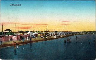 1913 Crikvenica, Cirkvenica; Strand, öltöző sátrak, fürdőzők. Leopold Rosenthal saját kiadása / beach, seaside