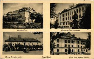 Érsekújvár, Nové Zámky; Leventeotthon, Pázmány Péter gimnázium, Arany Oroszlán szálloda, Római katolikus polgári fiúiskola / grammar school, hotel, Catholic boys' school