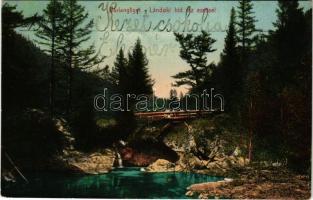 1916 Barlangliget, Höhlenhain, Tatranská Kotlina (Magas-Tátra, Vysoké Tatry); Landoki híd. Wlaszlovits Gusztáv kiadása / Landoker Brücke / wooden bridge by Lendak