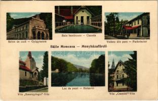 Menyháza, Monyásza, Moneasa; Gyógyterem, uszoda, park, Szentgyörgyi villa, Halastó, Csanádi villa / Salon de cura, Baia inotatoare, Vedere din parc, Vila, Lac de pesti / spa, swimming pool, villas, fishpond