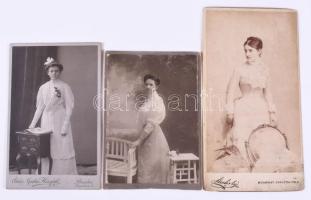 76 db vegyes keményhátú fotó (vizitkártya, kabinetfotó), különféle műtermekből, változó méretben és ...