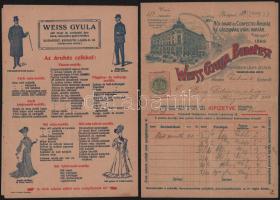 1909-1912 Bp., Weiss Gyula női-divat és confectio-áruház, vászonáru gyári raktár 2 db díjjegyes szám...