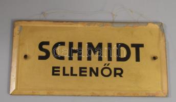 cca 1900 "Schmidt Ellenőr" festett üveg ajtótábla, lepattanással, 10x20 cm