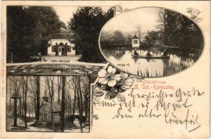 1905 Garamszentkereszt, Sväty Kríz nad Hronom, Ziar nad Hronom; Püspöki park, halastó, park pavilon, remeteház. Koralewski Árpád kiadása, szecessziós-virágos keret / bishop's park, fishpond, pavilion, hermitage. Art Nouveau, floral frame (fl)