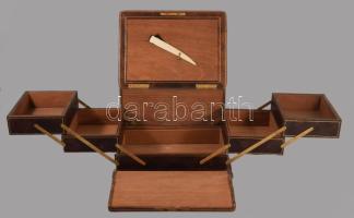 cca 1900 Szecessziós bőrbevonatos széthajtható fiókos szivartartó doboz, fedelében csont szivarvágóval, néhol kis sérüléssel, kulcs nélkül, egyik sarkánál sérüléssel 29x22x17 cm