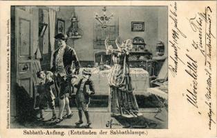 1899 Sabbath-Anfang (Entzünden der Sabbathlampe) Verlag Paul Grödel / Shabbat, lighting of the Shabbat lamps, candles. Judaica s: Hermann Junker (r)