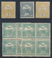 1908 Turul 2f + 1909 1f, 2f és 16f 2 db 4-es tömbben, benne II. típusú bélyeggel
