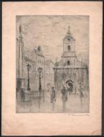 Olvashatatlan jelzéssel: Járókelők az esőben. Rézkarc, papír, jelzett, lapszéli törésnyomokkal és ázásfolttal, 23,5x18 cm