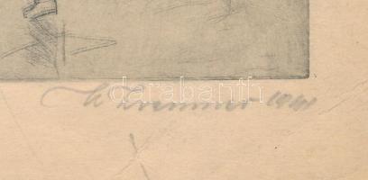 Olvashatatlan jelzéssel: Járókelők az esőben. Rézkarc, papír, jelzett, lapszéli törésnyomokkal és áz...