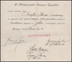 1908 Bp., a Nőtisztviselők Országos Egyesülete által kiállított bizonyítvány gyorsírási tanfolyam el...