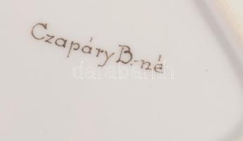 Antik ékszertartó tál alján Czapáry B-né felirattal, minimális kopással, 13x13 cm