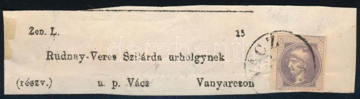 1867 Hírlapbélyeg (A8c) egy átkötőszalag előlapján, "VÁCZ", R! (30.000)