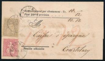 1870.02.07. Mi 29 + 30 nyomtatványon, "BELEMONT" - "COURTELARY"