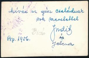 1956 Bp., Biczó Judit (1915-1987) grafikus, rajztanár autográf sorai karácsonyi üdvözlő kártyán, 5,5x9 cm