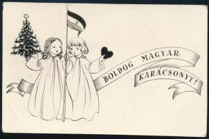 1956 Bp., Biczó Judit (1915-1987) grafikus, rajztanár autográf sorai karácsonyi üdvözlő kártyán, 5,5...