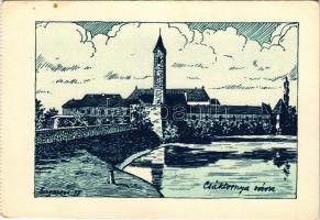 Csáktornya, Cakovec; Csáktornya vára. Kiadja a Délvidéki Egyetemi és Főiskolai Hallgatók Egyesülete, képeslapfüzetből / Zrinski castle, irredenta art postcard, from a postcard booklet s: Lamoss (EK)