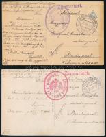 1915 2 db tábori posta képeslap kiegészítő bélyegzéssel, cenzúrázva, "K.u.k. Festungsfeldbahn / Bauabteilung / POLA"