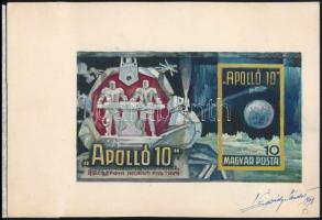 1969 Légrády Sándor Apolló-10 blokkterve a tervező aláírásával. Képméret: 147 x 85 mm
