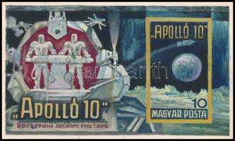 1969 Légrády Sándor Apolló-10 blokkterve a tervező aláírásával. Képméret: 147 x 85 mm