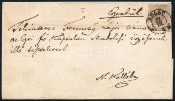 1853 6kr HP III. típ. levélen "ERLAU" - "TÁLLYA" - "FORRÓ" - "NAGY KÁLLÓ"