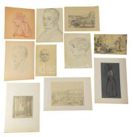 Jelzés nélkül, 1900-1930 körül: 10 db tanulmányrajz (női akt, portrék, városrészlet, stb.) Klf. technikák, papír, klf, méretekben 27x19,5 cm-ig.