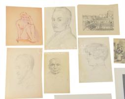 Jelzés nélkül, 1900-1930 körül: 10 db tanulmányrajz (női akt, portrék, városrészlet, stb.) Klf. tech...