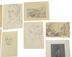 Jelzés nélkül, 1900-1930 körül: 10 db tanulmányrajz (női akt, portrék, városrészlet, stb.) Klf. tech...