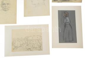 Jelzés nélkül, 1900-1930 körül: 10 db tanulmányrajz (női akt, portrék, városrészlet, stb.) Klf. tech...