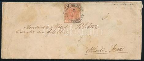 ~1850 3kr HP I. liliputi vágással levélen "TÖRÖK SZ.MIKLÓS" - "CZEGLÉD" - "IRSA"