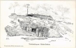 Kelet-Galícia, Telefonközpont. Hornyánszky Miklós tüzérzászlós rajza / WWI K.u.K. military art postcard, telephone station in Eastern Galicia s: Hornyánszky Miklós (EK)