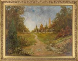 Rónai Antal (1926- ): Tavaszi út. Olaj, farost, jelzett. Dekoratív fakeretben. 60x80 cm