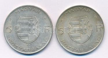 1947. 5Ft Ag "Kossuth" (2x) T:VF,F patina Adamo F8.1