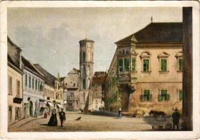 1956 Budapest I. Szentháromság tér a budai városházzal és a Mátyás templommal. Rudolf Alt rajza után készült színezett kőnyomat Sandmanntól. Budapest Székesfőváros Múzeuma (EB)