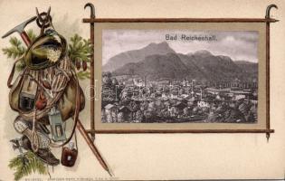 Bad Reichenhall with alpinist equpiment Emb. litho