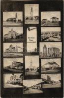 1918 Nagyszalonta, Salonta; Református templom, Kossuth szobor, Vöröskereszt kórház, Városháza, látkép, M. kir. állami főgimnázium, Arany emlékmúzeum, Izraelita templom, zsinagóga, Római katolikus templom, Csendőrségi laktanya, Rákóczi út, M. kir. postahivatal, Toldi Miklós tér. Döme Károly kiadása / Calvinist church, monument, Red Cross hospital, town hall, general view, grammar school, memorial museum, synagogue, Catholic church, K.u.K. gendarmerie barracks, street, post office, square
