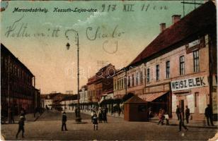 Marosvásárhely, Targu Mures; Kossuth Lajos utca, Weisz Elek, Borhegyi Gyula üzlete. Révész Béla kiadása / street view, shops (kopott sarkak / worn corners)