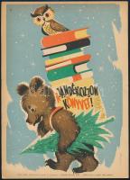 cca 1957 Ajándékozzon könyvet, kisplakát, Bócz István grafikája, 24×17 cm