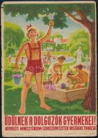 Gönczi-Gebhardt Tibor (1902-1994): Üdülnek a dolgozók gyermekei, 1950 körül. Kisplakát, papír, jelzett a plakáton, lapszéli apró sérülésekkel és kisebb szakadásokkal, krétával firkált, hajtásnyommal, 24x17 cm