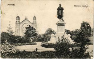 1914 Miskolc, Szemere Bertalan szobor, zsinagóga. Vasúti levelezőlapárusítás (EB)