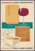 1960 "Borhoz: sós-ropogós...", győri keksz villamosplakát, Mohrluder Vilmos grafikája, 23,5×16,5 cm
