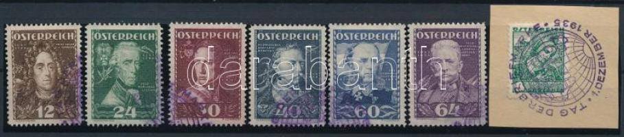 Ausztria 1935 Mi 617-622 első napi bélyegzéssel (Mi EUR 130,-) + 1 db alkalmi bélyegzés kivágáson