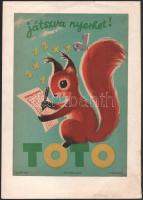 cca 1950-55 Macskássy János (1910-1993): TOTÓ, játszva nyerhet, villamosplakát, jelzés nélkül, Offset-Nyomda, bal felső sarka papírra kasírozva, lapszéli egészen apró szakadással, 24×17 cm