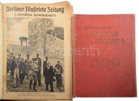 Pluhár István: A berlini olimpia. Az 1936. évi berlini olimpia története - 400 képpel. - Dr. Kelemen Kornél előszavával. Szerk.: Dr. Marjay Frigyes. Bp., 1936, Athenaeum, VIII+144+10+2 p. Gazdag, és izgalmas fekete-fehér képanyaggal illusztrált. Kiadói aranyozott egészvászon-kötés, kopott borítóval, sérült gerinccel és kötéssel. + Berliner Illustrirte Zeitung 2 Olympia-Sonderheft, német nyelven, rendkívül gazdag, és izgalmas fekete-fehér képanyaggal illusztrált, 1-48+1 sztl. + 1 t.+49-96 p. Átkötött kopott egészvászon-kötés, kissé sérült gerinccel, borítóhiánnyal.