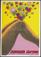 Kemény György (1936-): Szikrázó lányok, Bacsó Péter színes filmje, filmplakát, villamosplakát, jelzett a plakáton, Offset és J. Nyomda, 23,5x17 cm. Magyar pop art plakát!