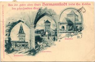 1899 Nagyszeben, Hermannstadt, Sibiu; Disznódi, Erzsébet és Vár kapu. G. A. Seraphin, Lichtdruck von Jos. Drotleff / Heltauerthor, Elisabeththor, Burgerthor / gates. Art Nouveau, floral (szakadás / tear)